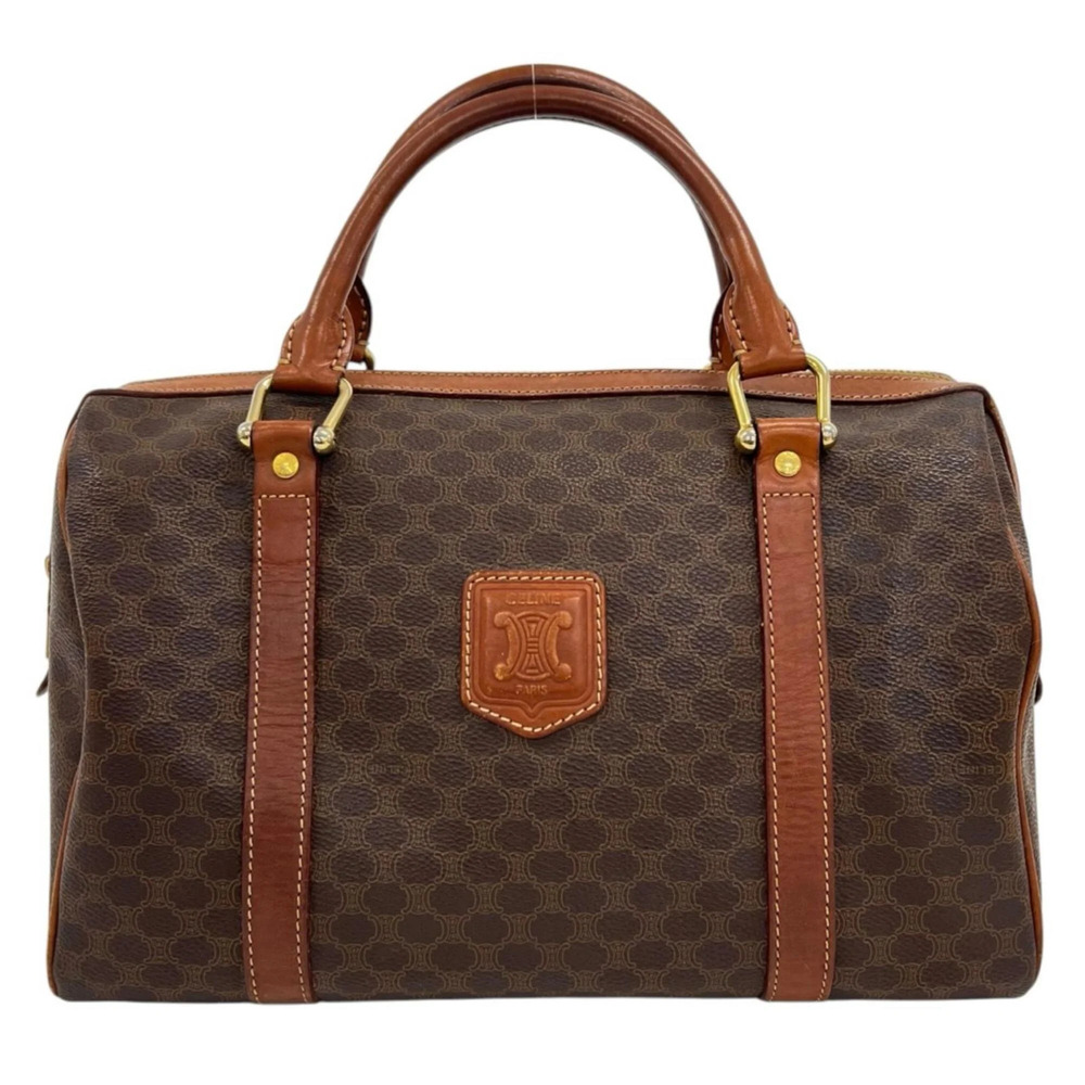 CELINE Macadam Boston Bag Handbag with Gold Hardware, PVC Leather, Brown, Wom...